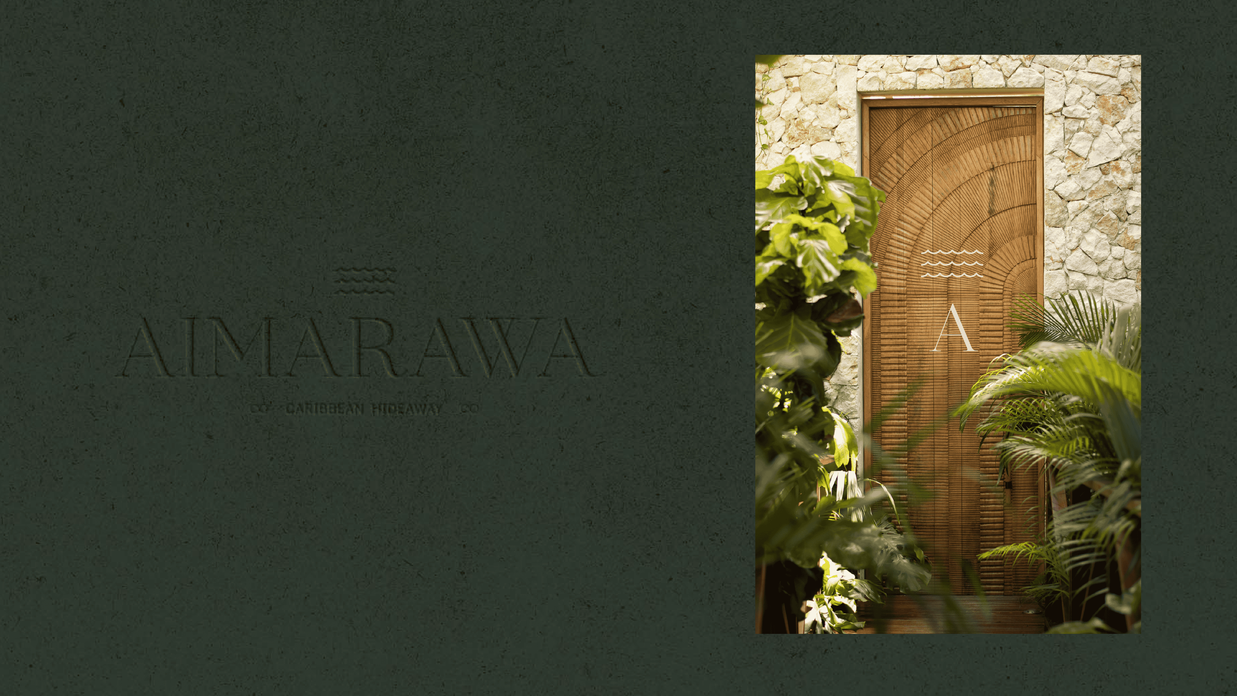 Elegant wooden door surrounded by lush green plants at Butiq World.