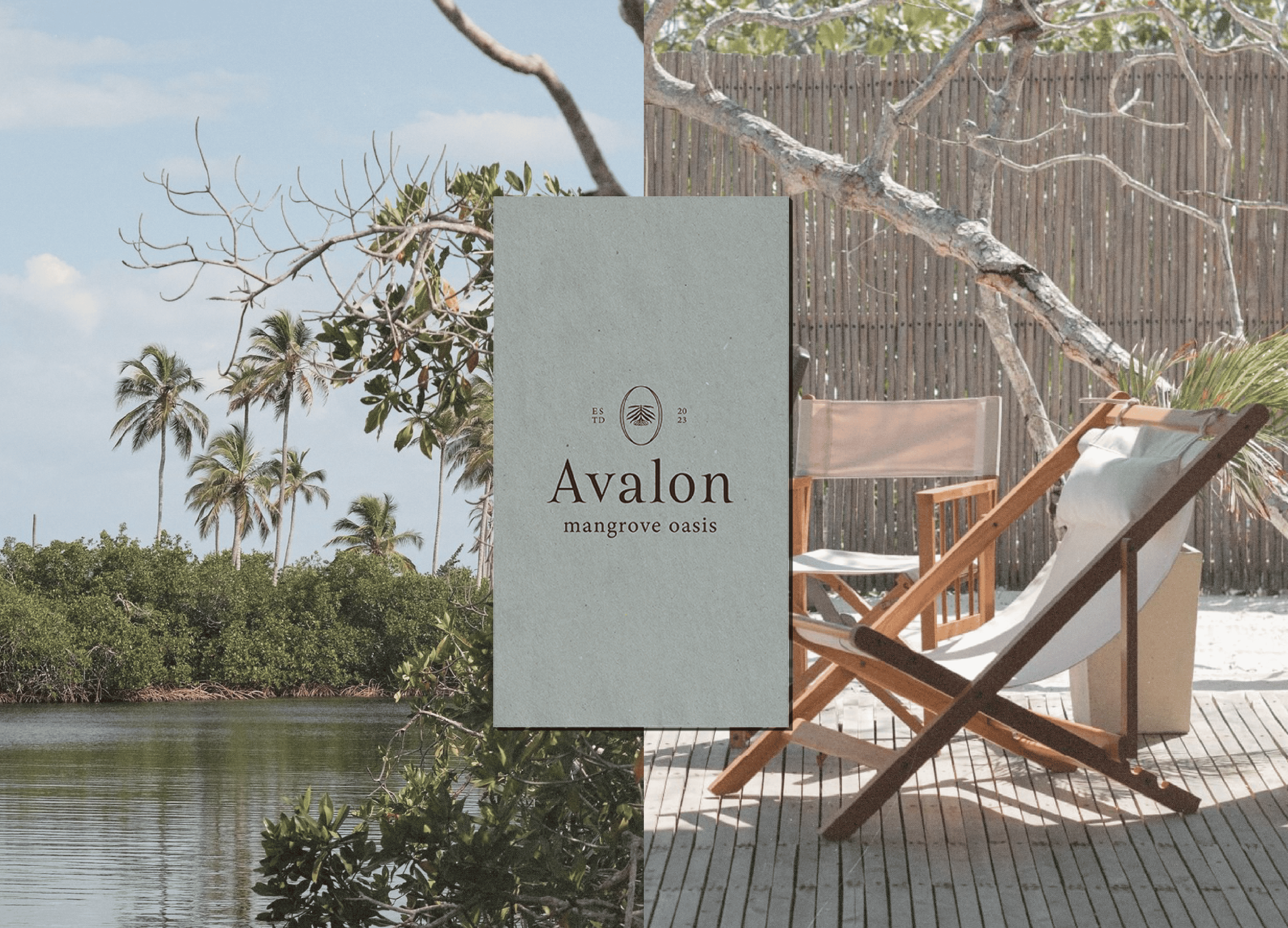 Avalon mangrove oasis sign with tropical trees and water background, perfect for eco-friendly travel.