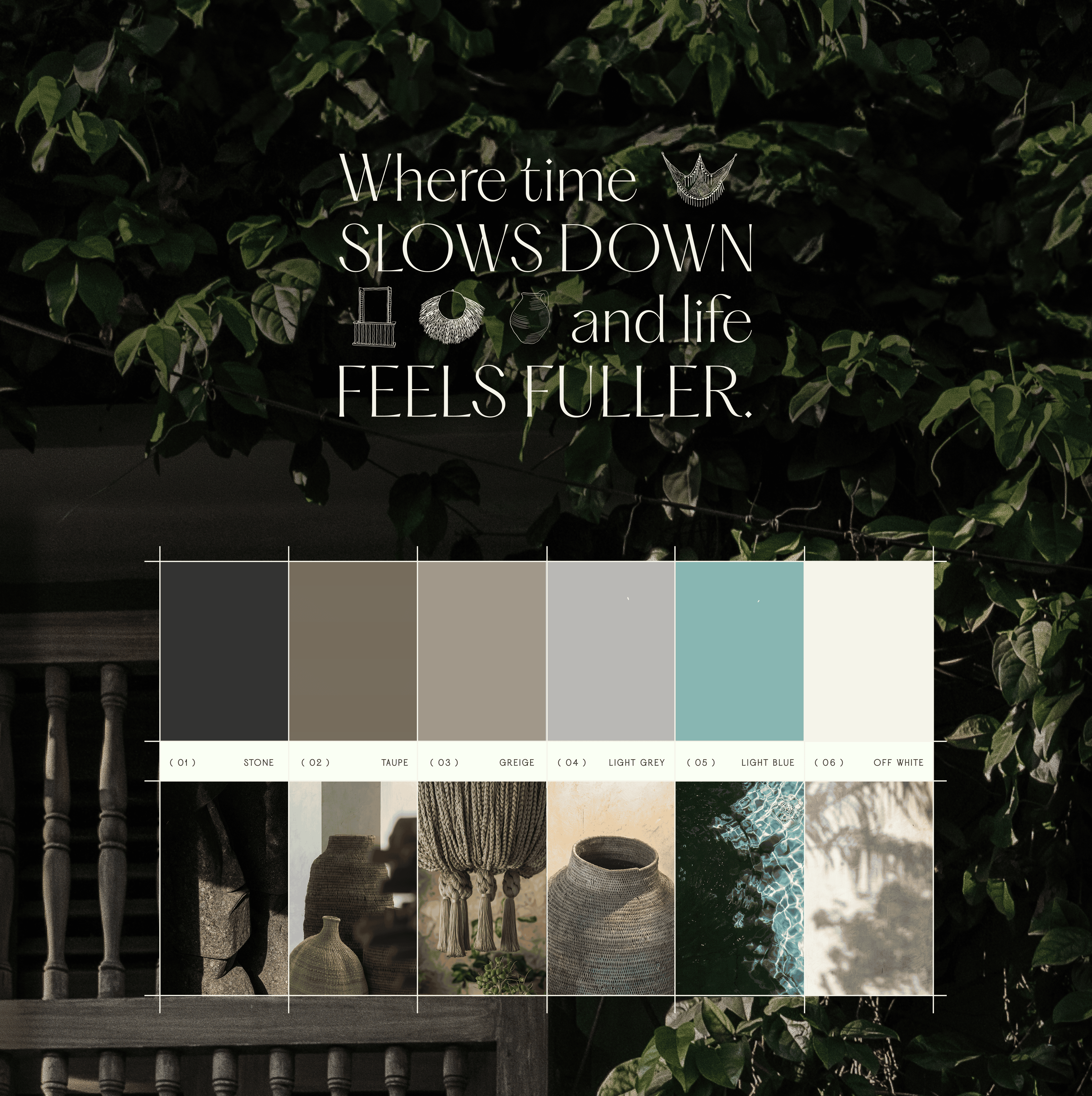 Calming color palette featuring earthy tones and soft blues for stylish home decor and interior desi.
