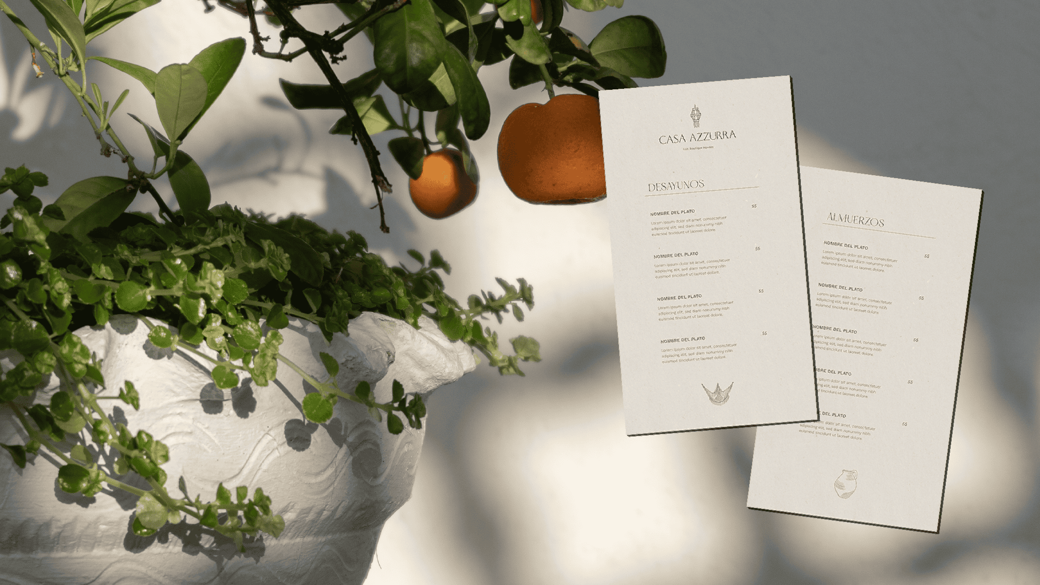 Herb and plant display with menu cards at Butiq World restaurant.