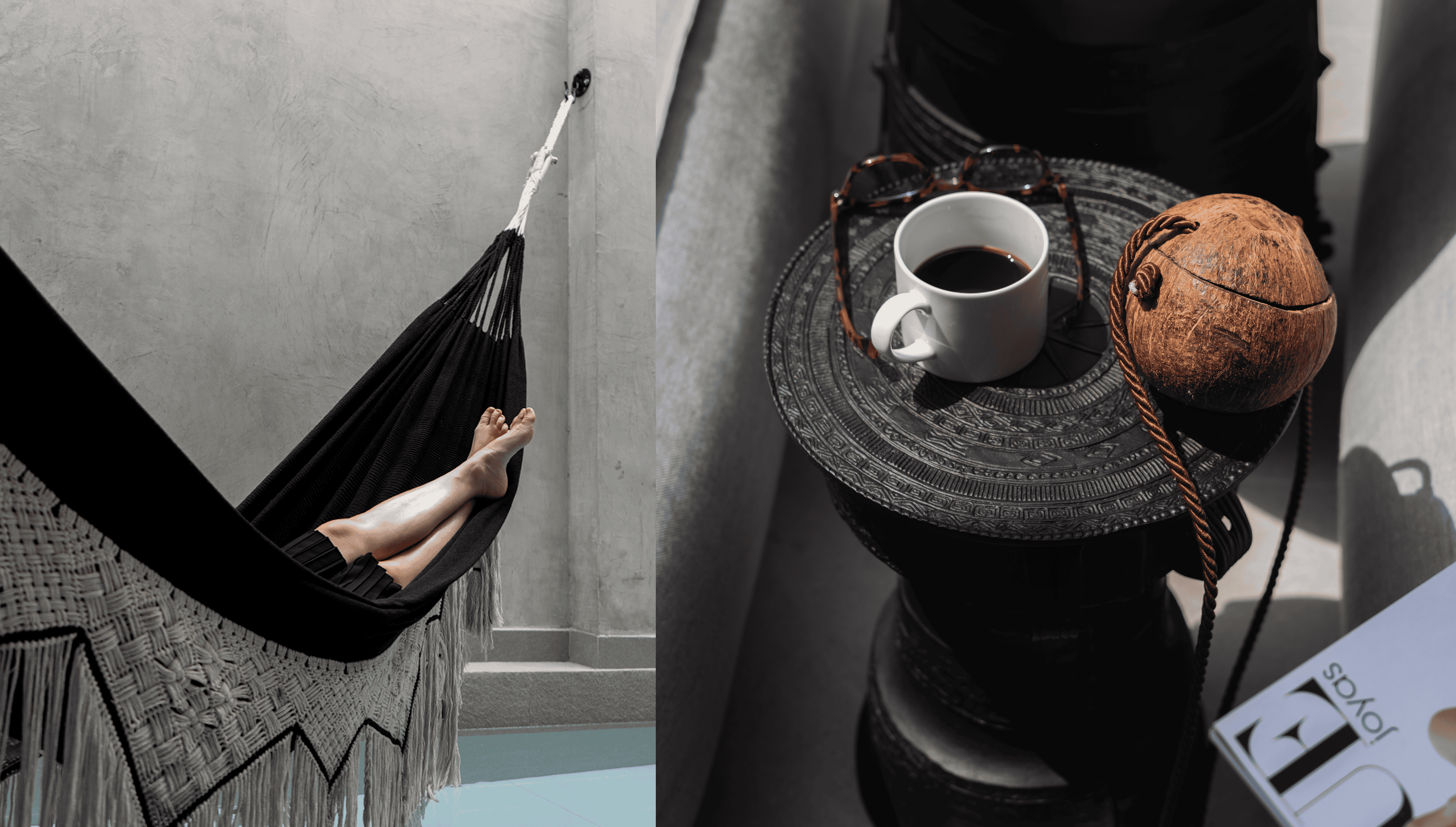 Hammock with a person relaxing, coffee cup, coconut, and reading materials for a peaceful moment.
