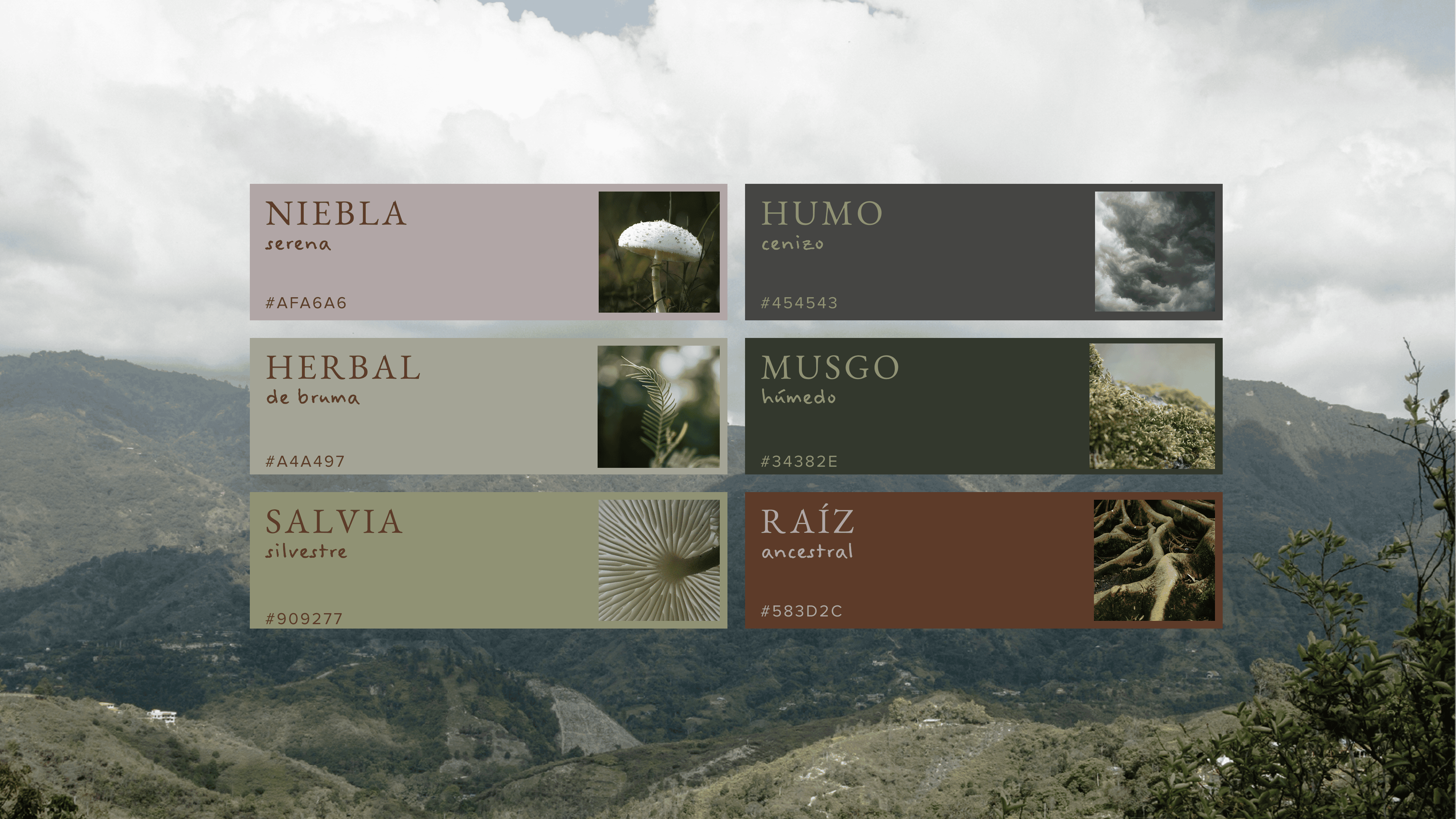 Botanical plant labels with names like Niebla, Humo, Herbal, Musgo, Salvia, RaÃz on a mountain lands.