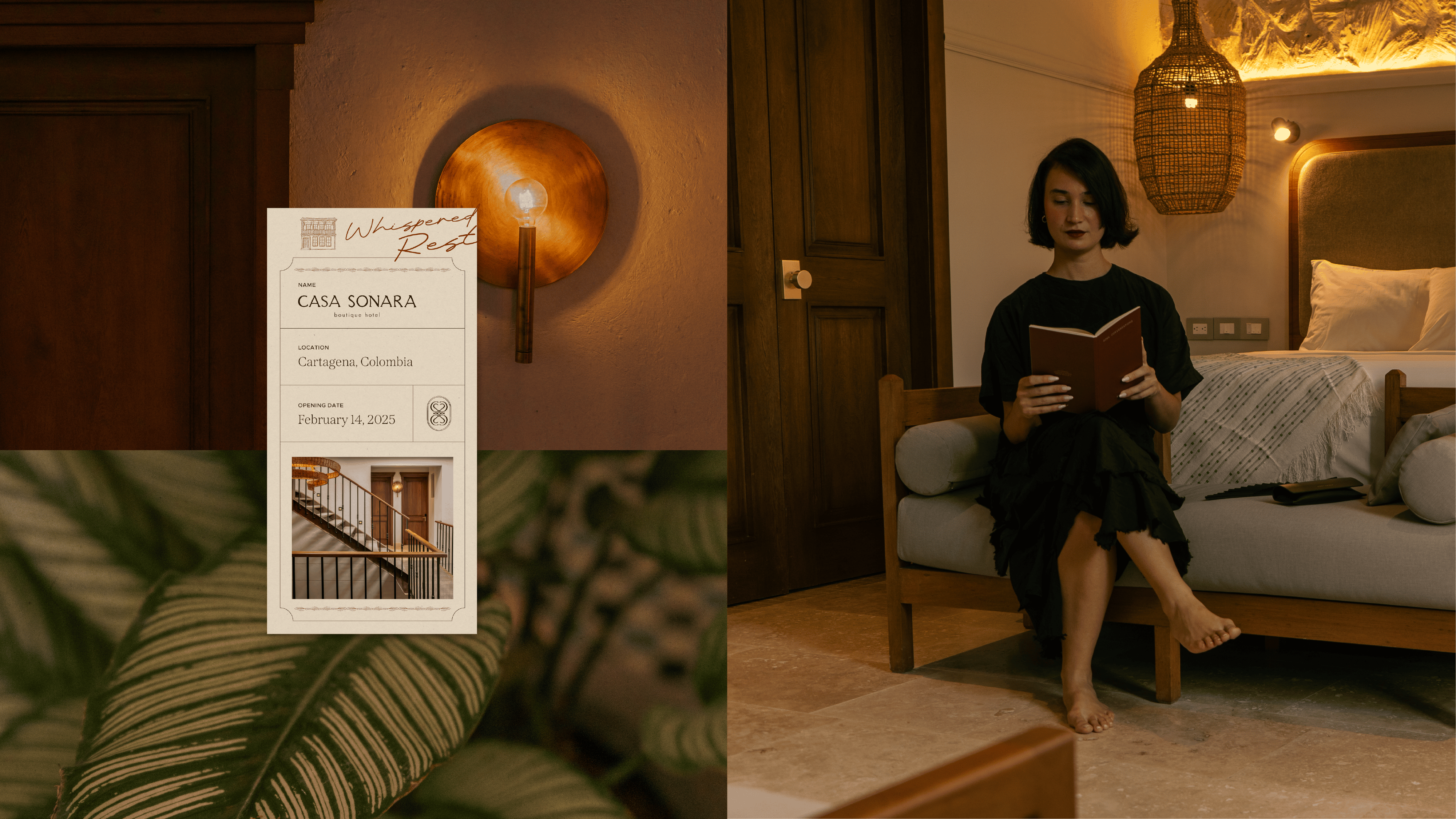 Charming boutique hotel room featuring warm lighting, stylish decor, and a comfortable seating area.