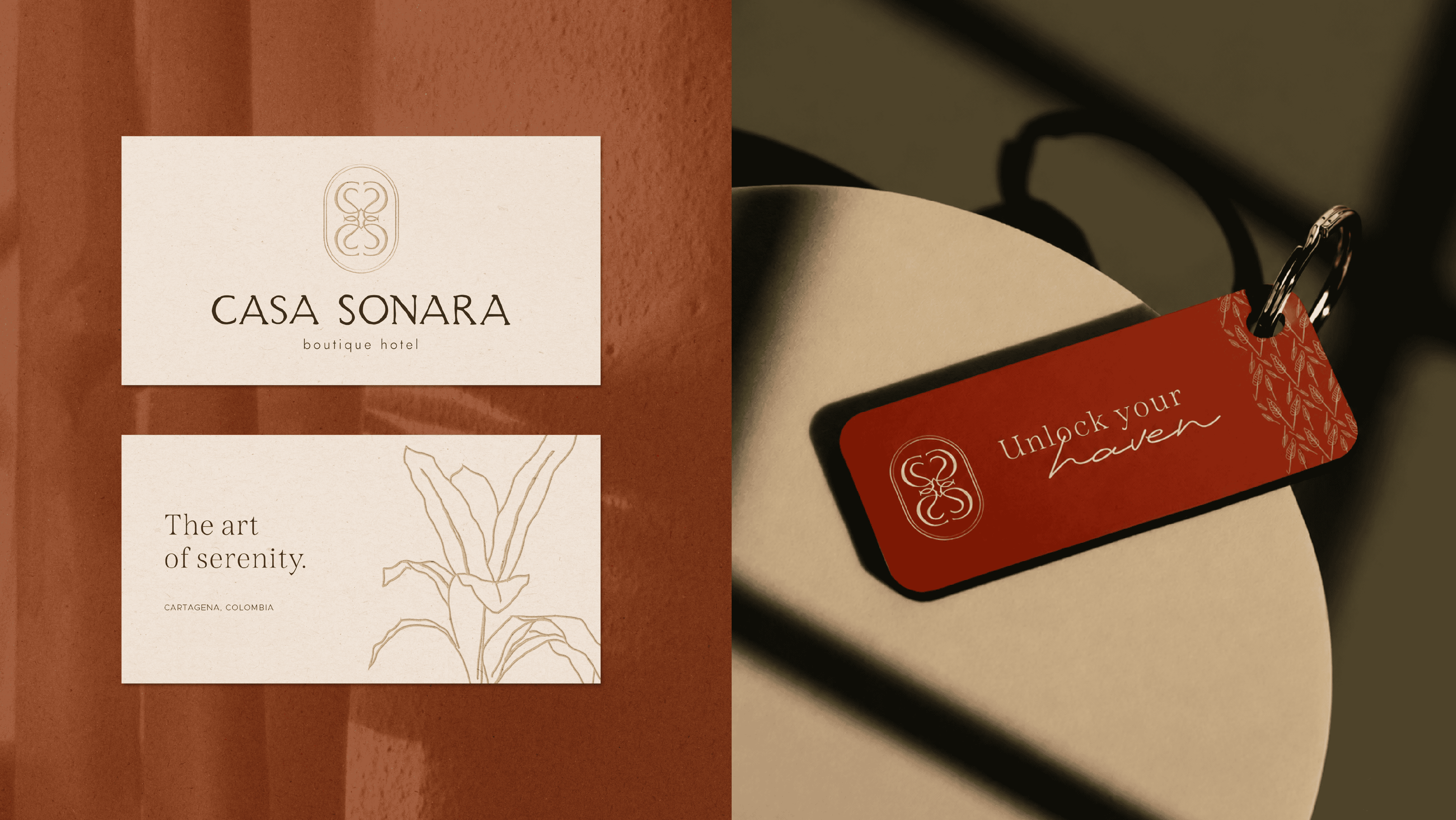 Luxury boutique hotel branding with Casa Sonara logo and serene art design.