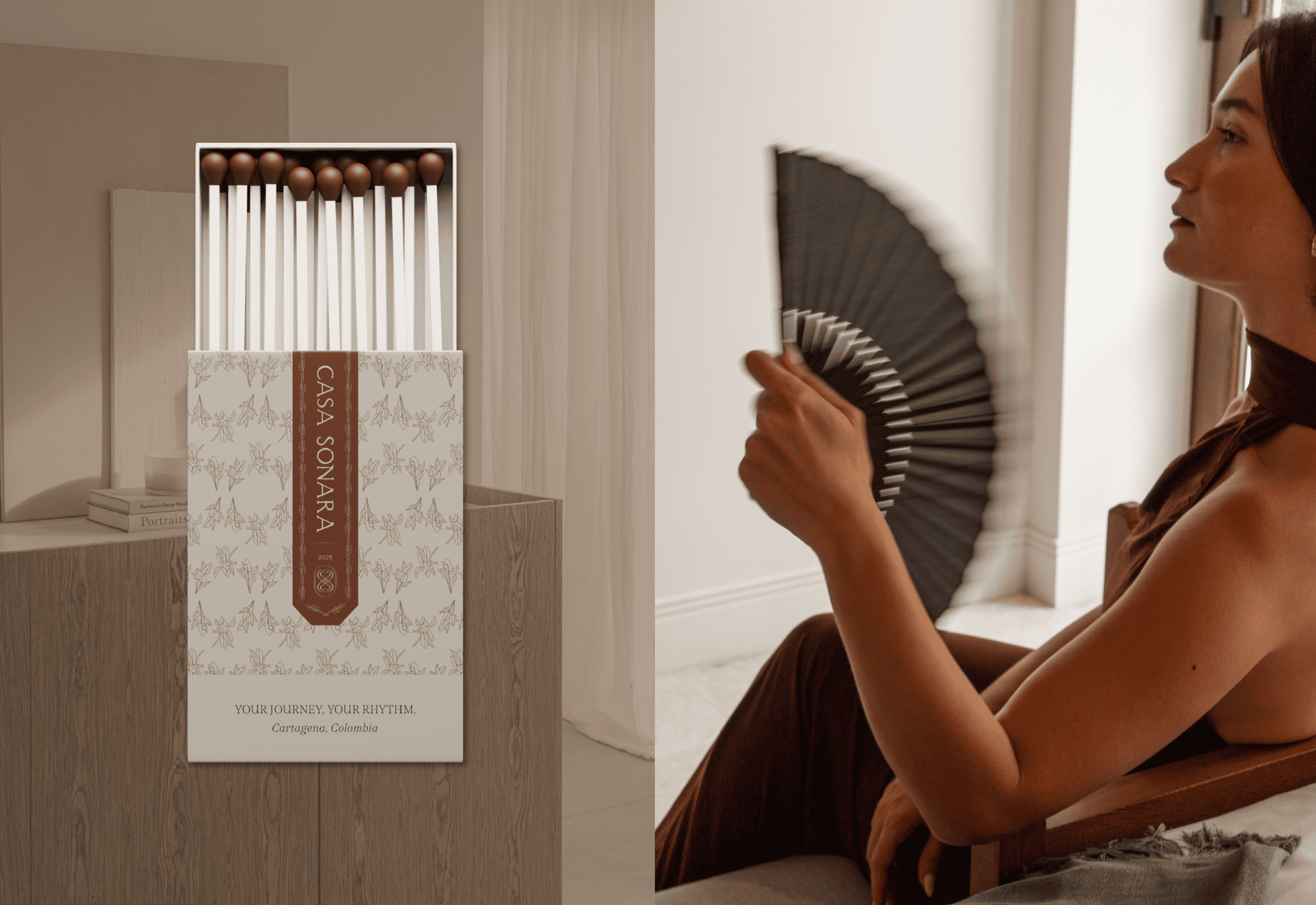 Incense sticks and a woman with a fan in a stylish, relaxing home environment.