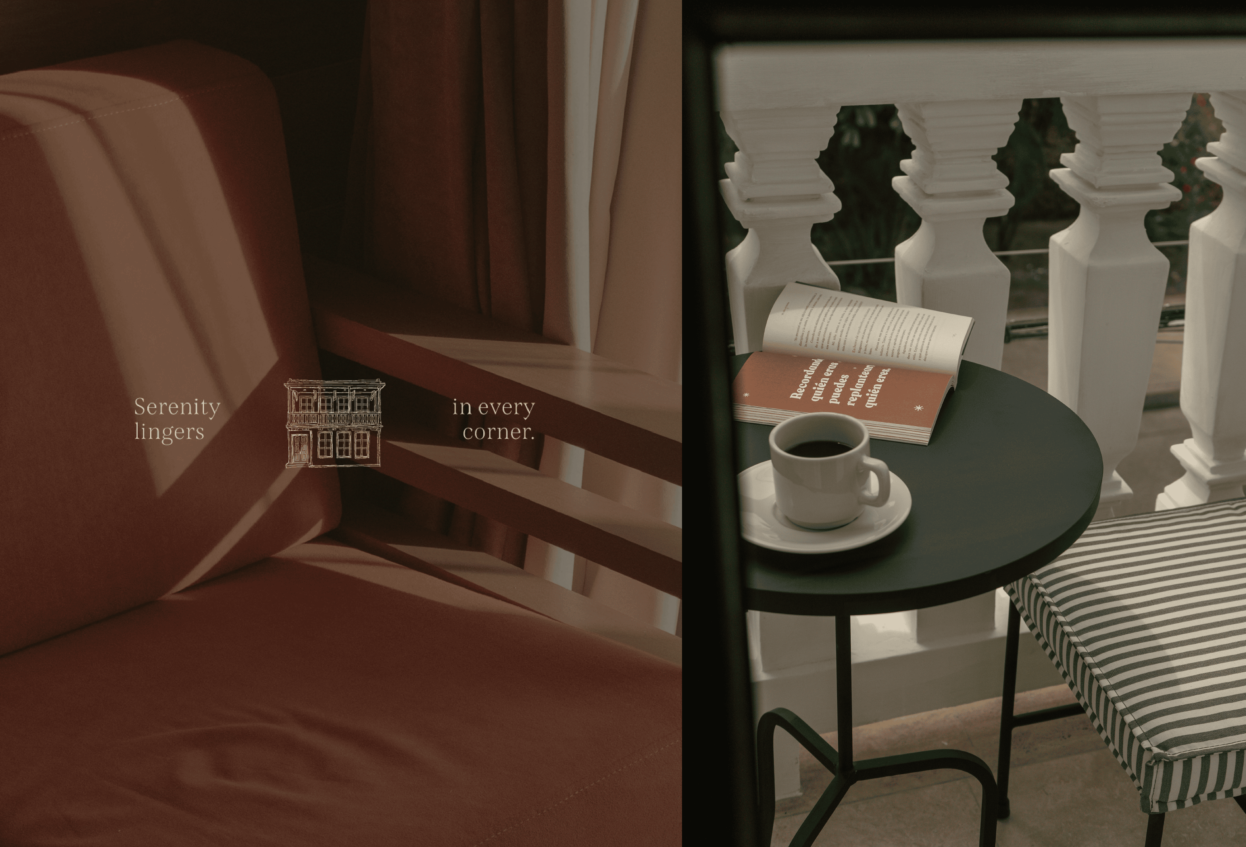Comfortable balcony corner with a coffee cup, open book, and striped cushion for relaxing reading.