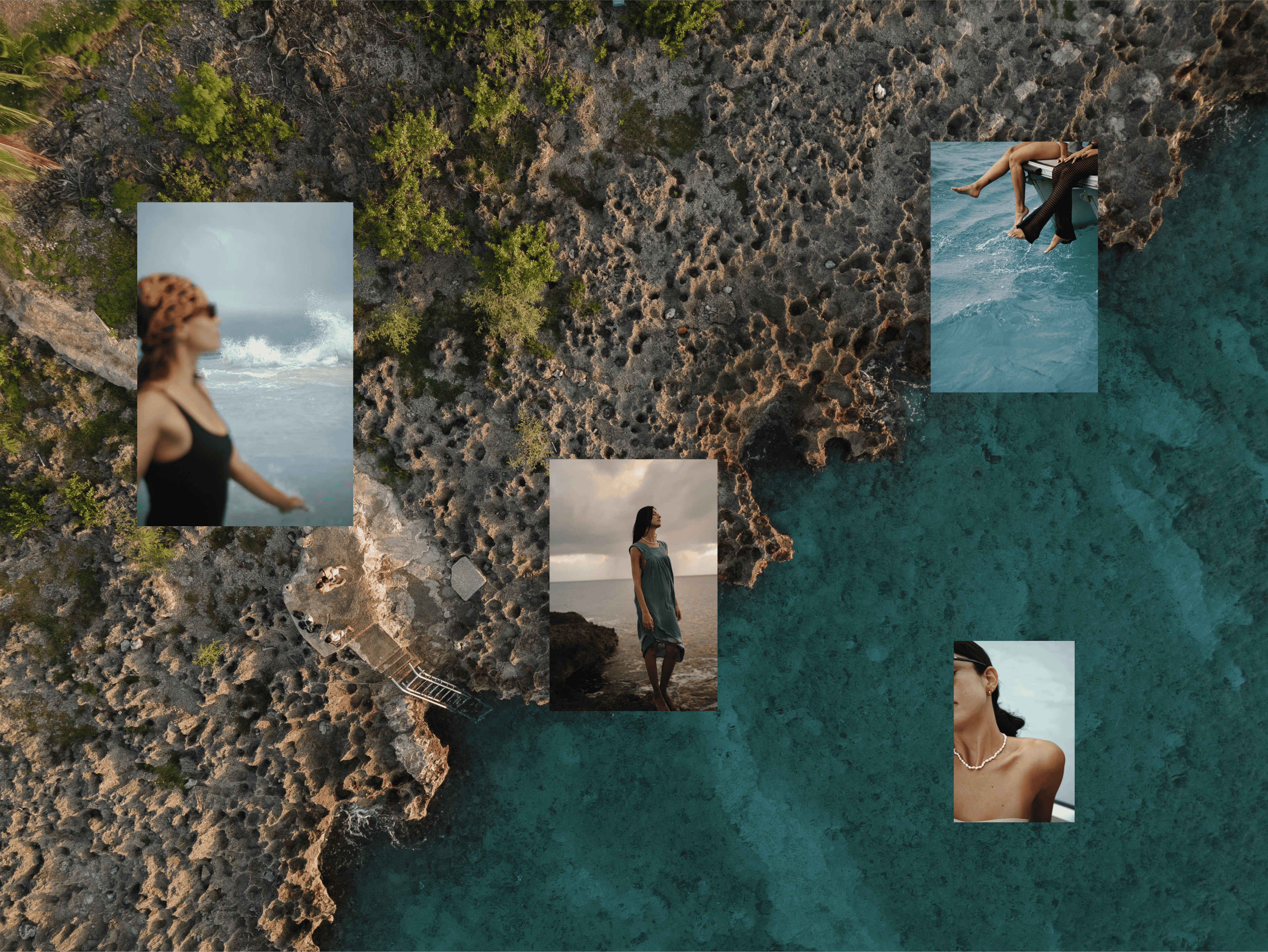 Relaxing beach scenes with women swimming, standing, and enjoying the coastal environment.