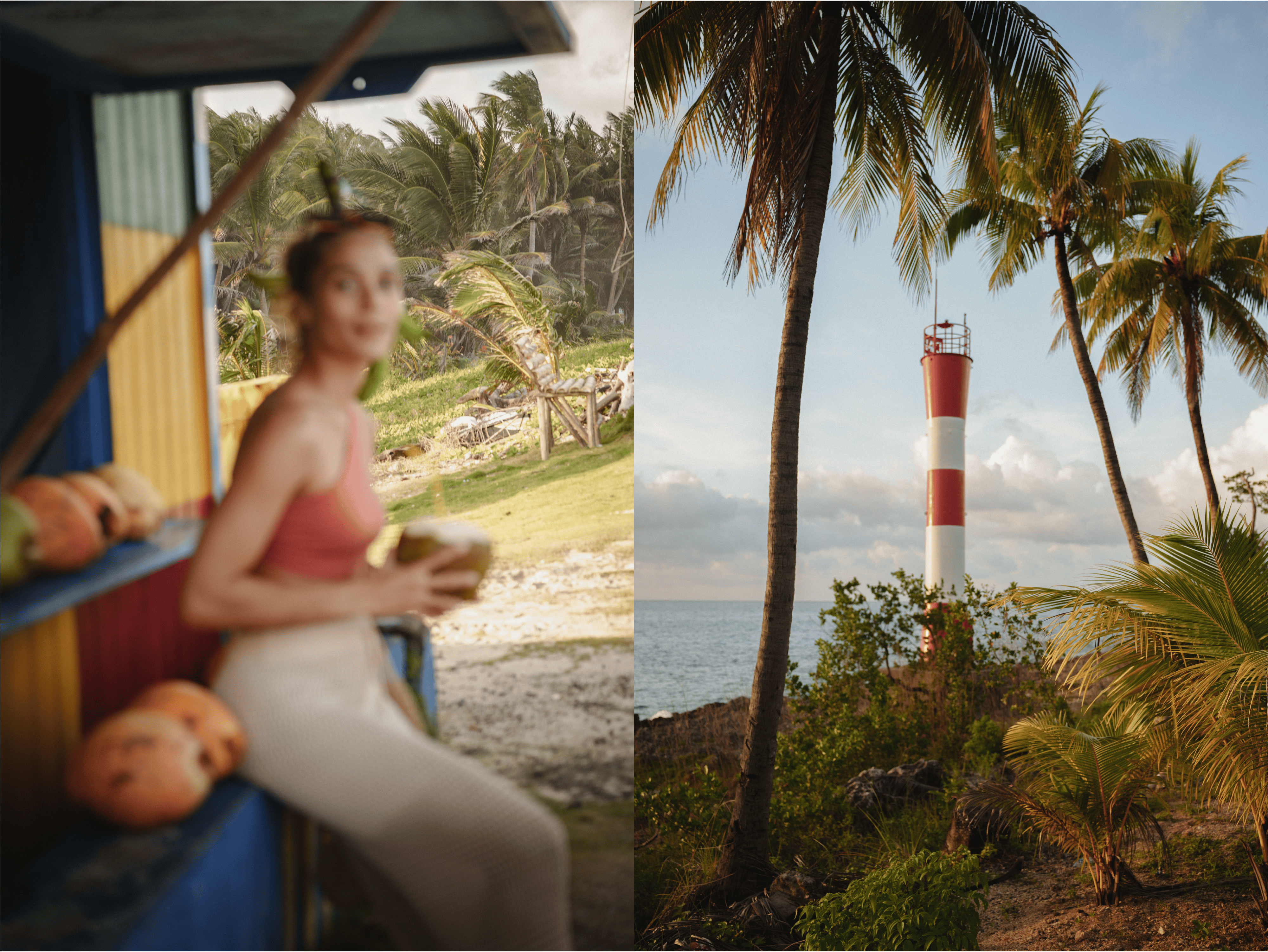 Beachside tropical scene with a lighthouse, palm trees, and a woman enjoying a drink. Perfect for tr.