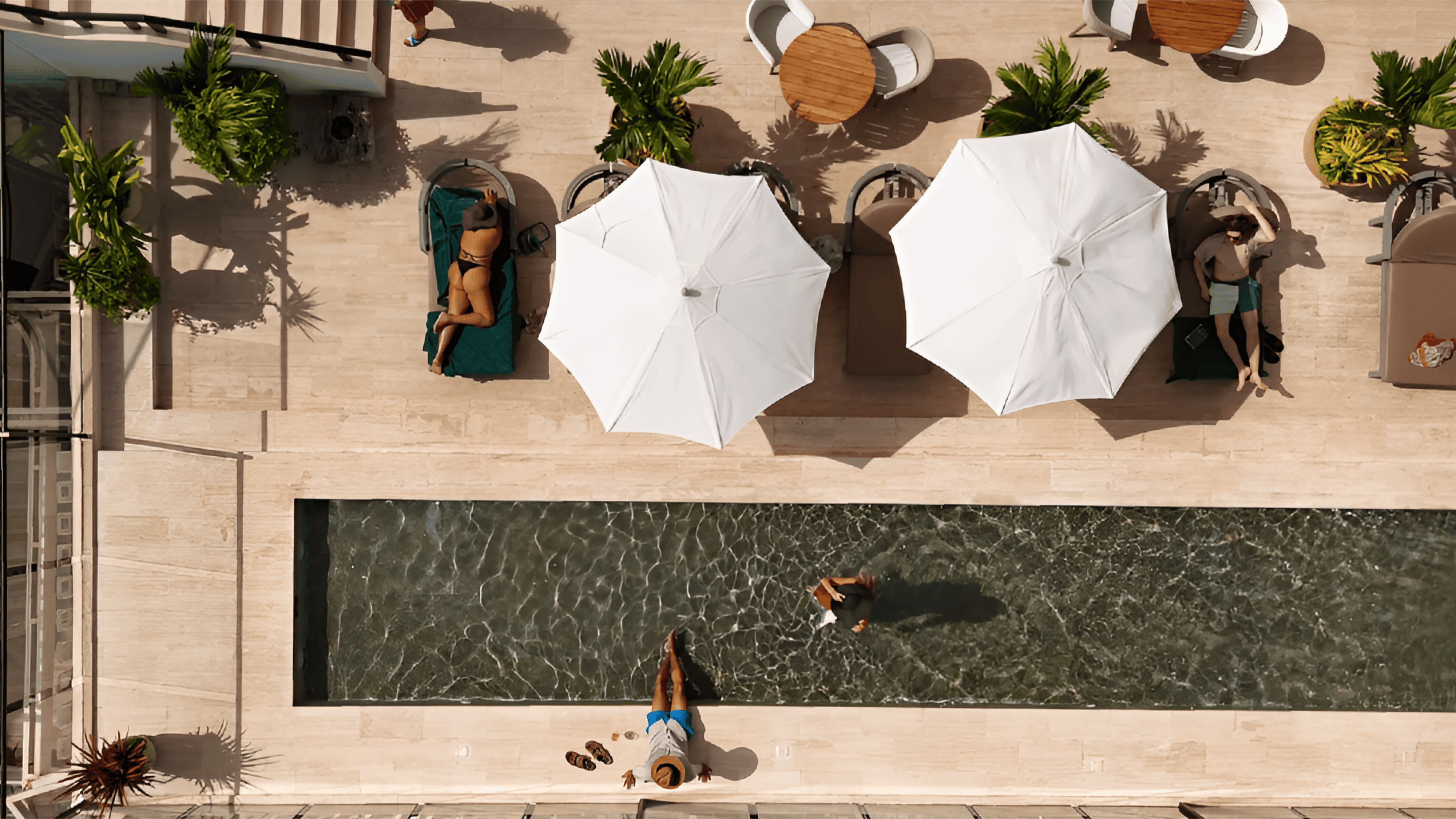 Poolside relaxation with sun loungers, umbrellas, and tropical plants at Butiq World.