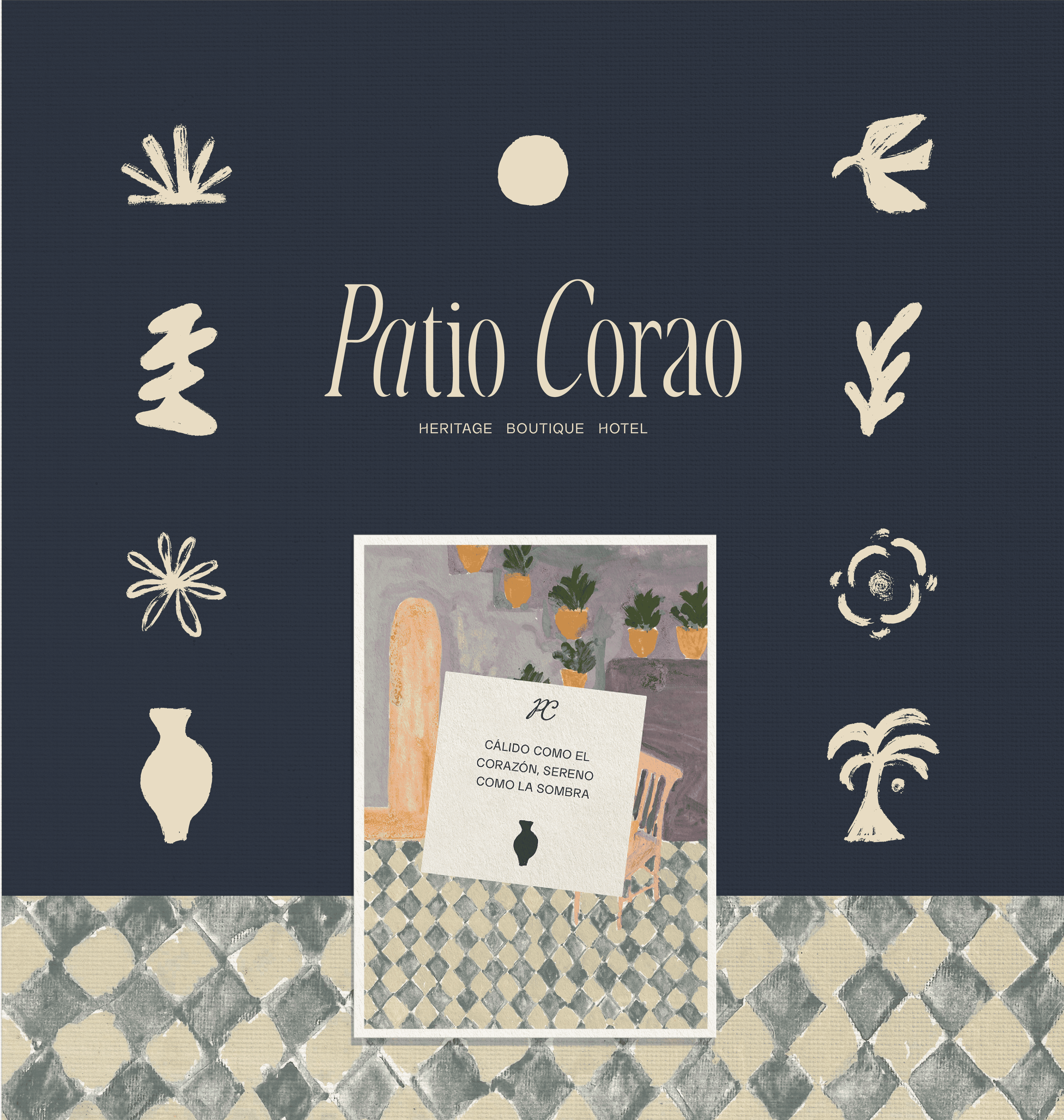 Patio Corao boutique hotel with unique decor and potted plants in Portugal.