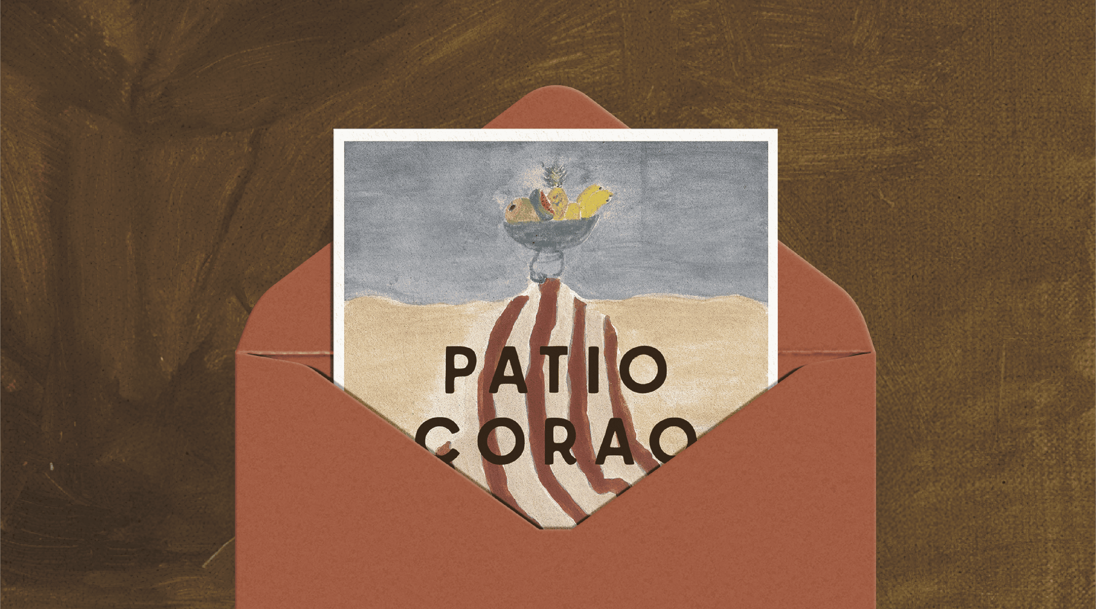 Artistic illustration of a woman with a fruit bowl on her head, featuring the text "Patio Corao" in.