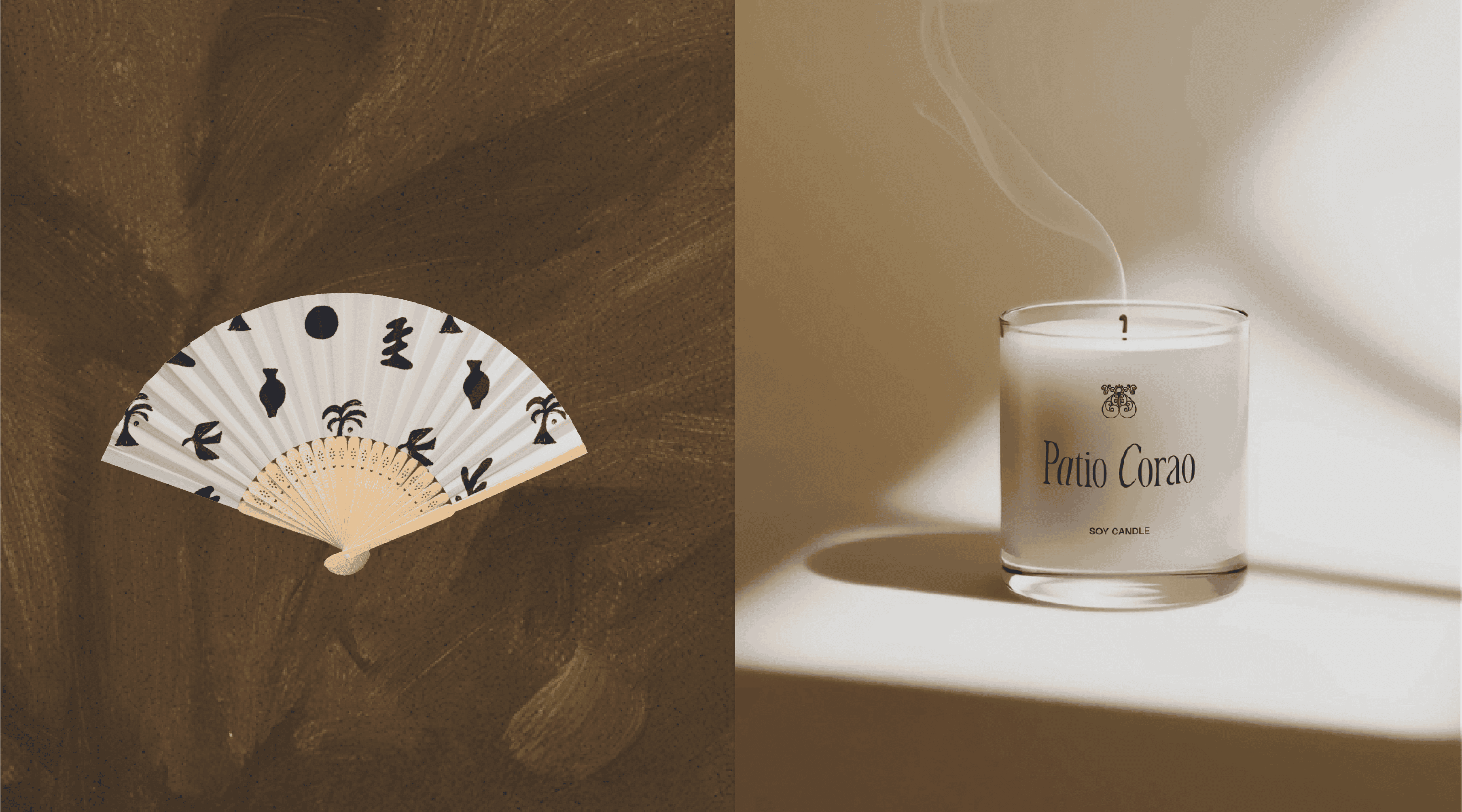 Hand fan with black and white patterns, and a white scented candle labeled "Patio Cora" for stylish.