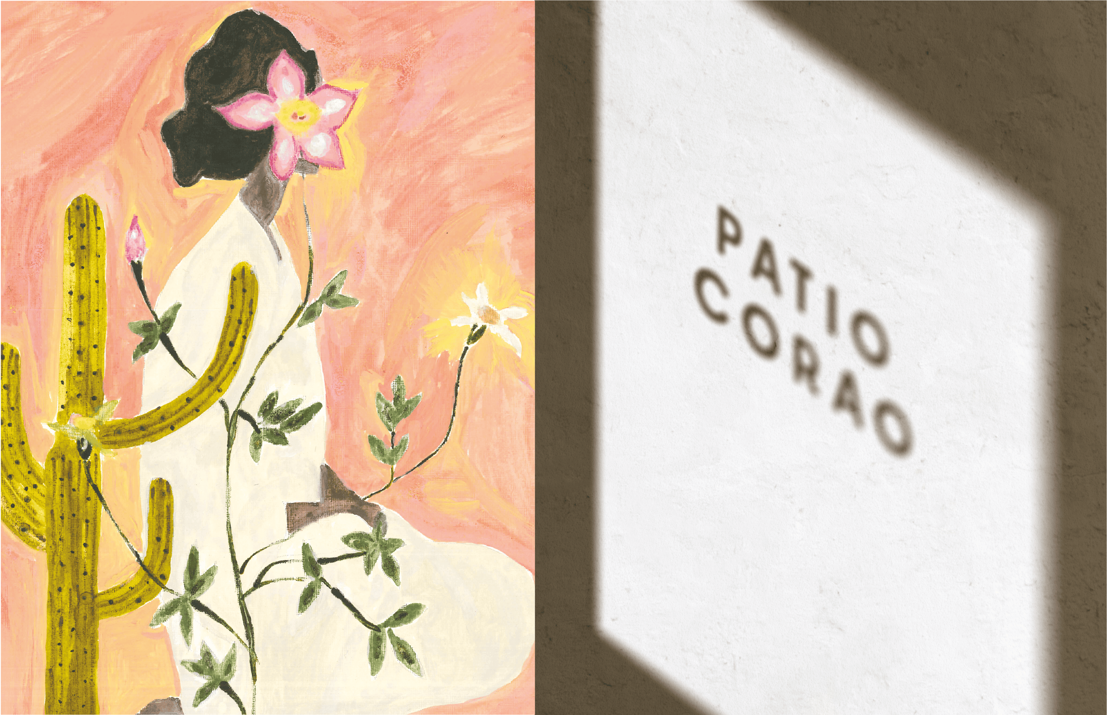 Artistic illustration of a girl with a sunflower hat, cactus, and shadow text "PALO CORAO" on a whit.