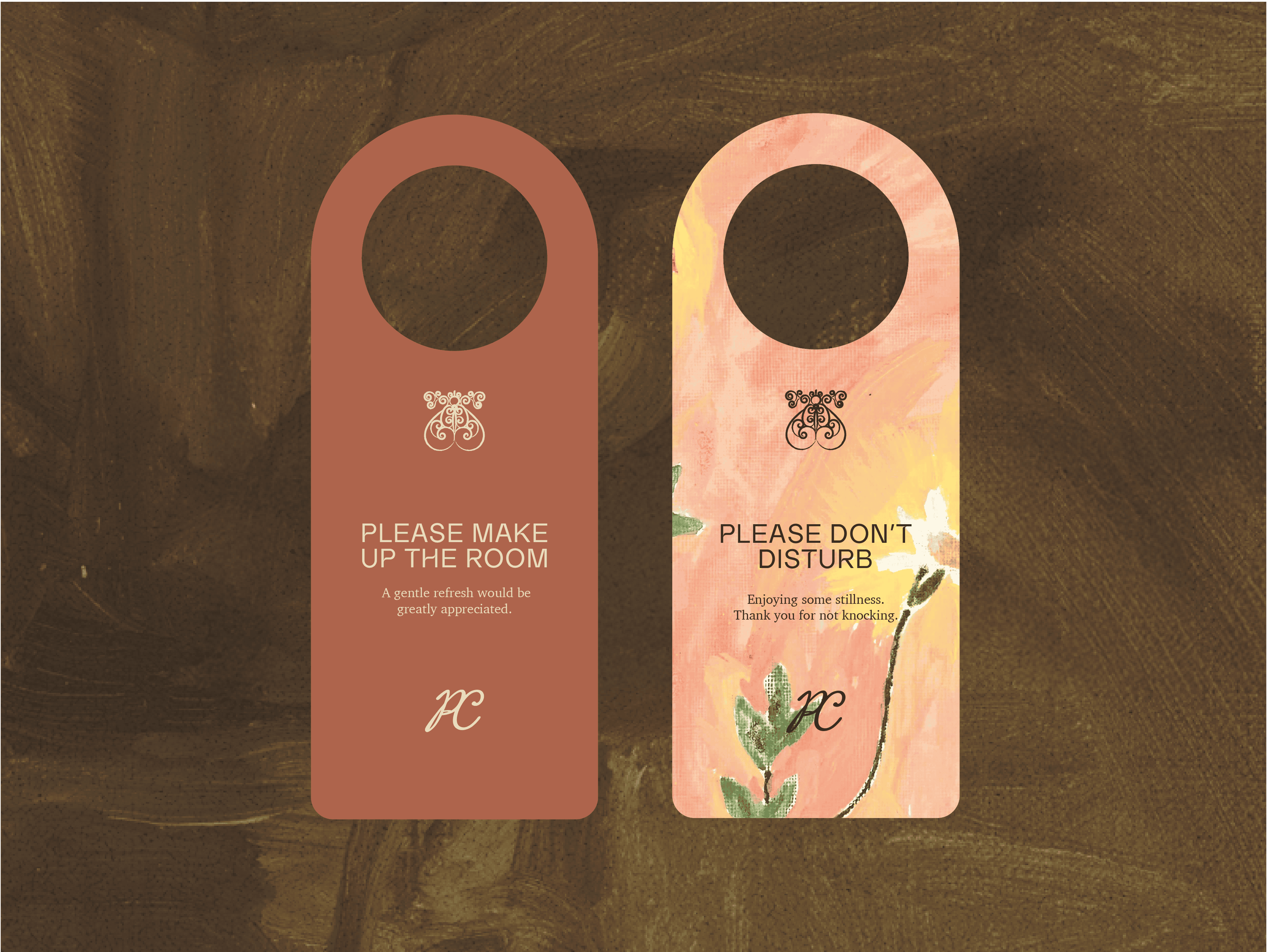 Door hangers with "Please Make Up The Room" and "Please Don't Disturb" messages for hotel rooms.