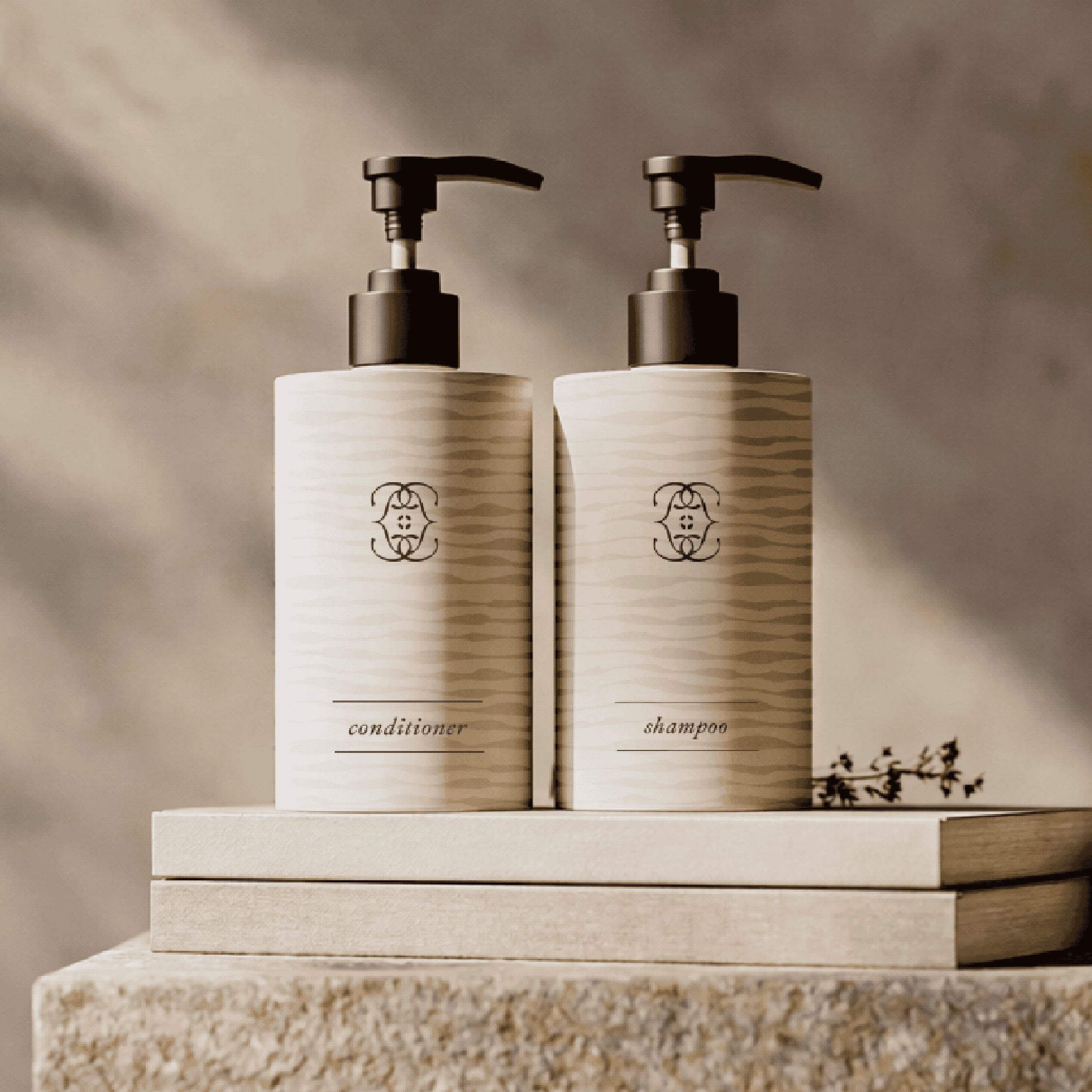 Elegant shampoo and conditioner bottles with minimalist design for hair care. Perfect for salon or h.