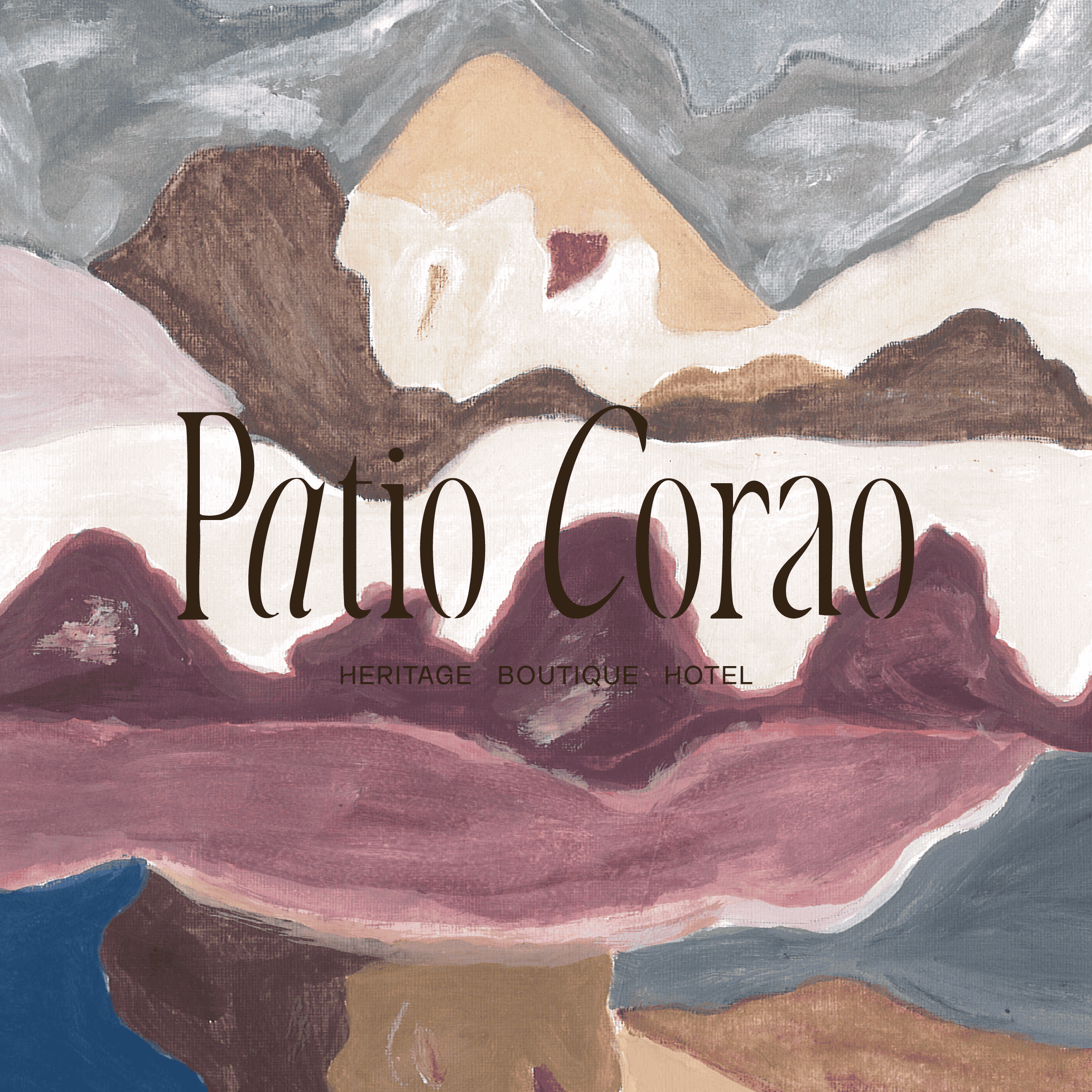 Boutique hotel sign with artistic mountain landscape background.