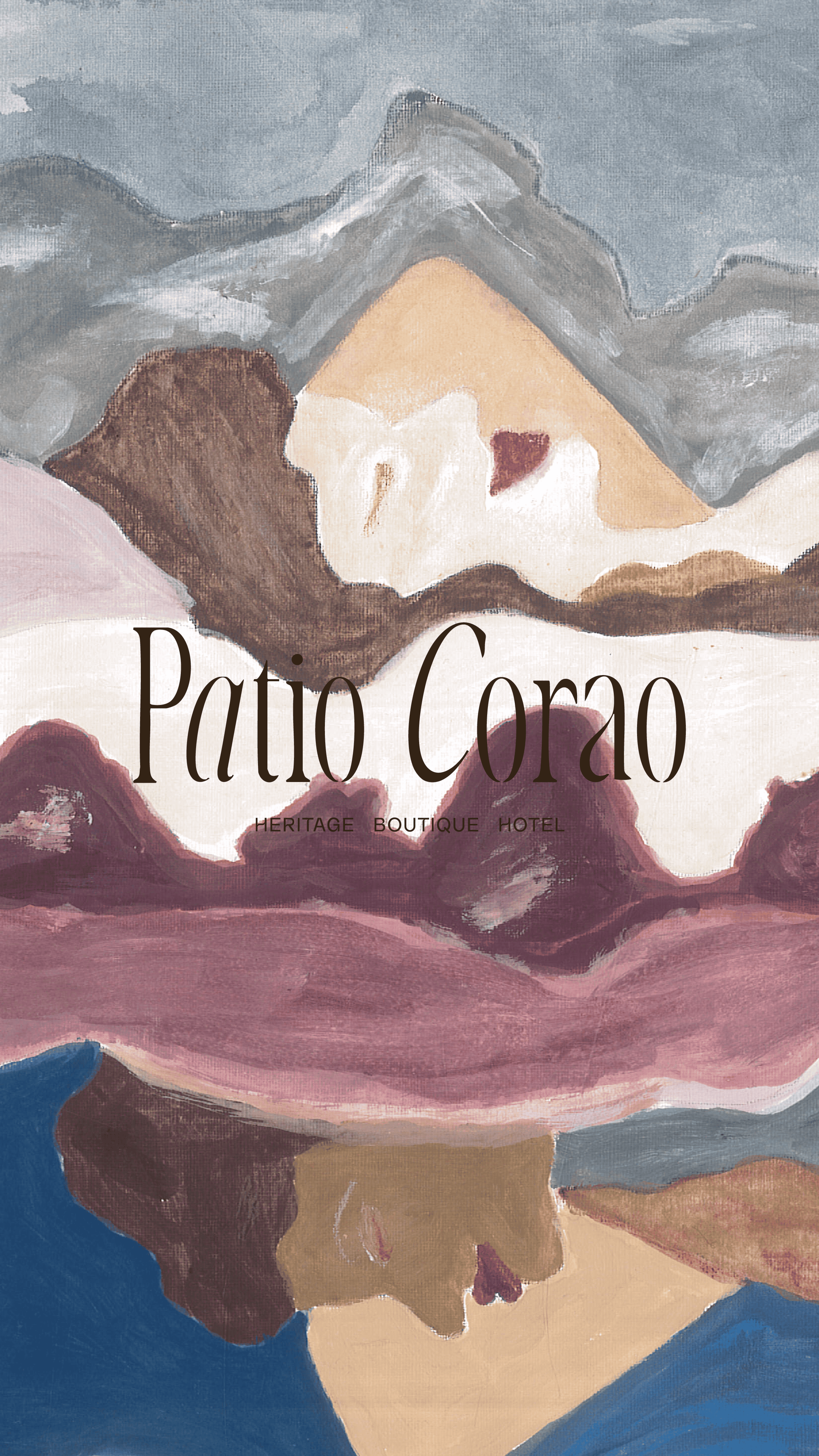 Artistic landscape painting of Patio Corao with mountains and colorful scenery, showcasing a blend o.