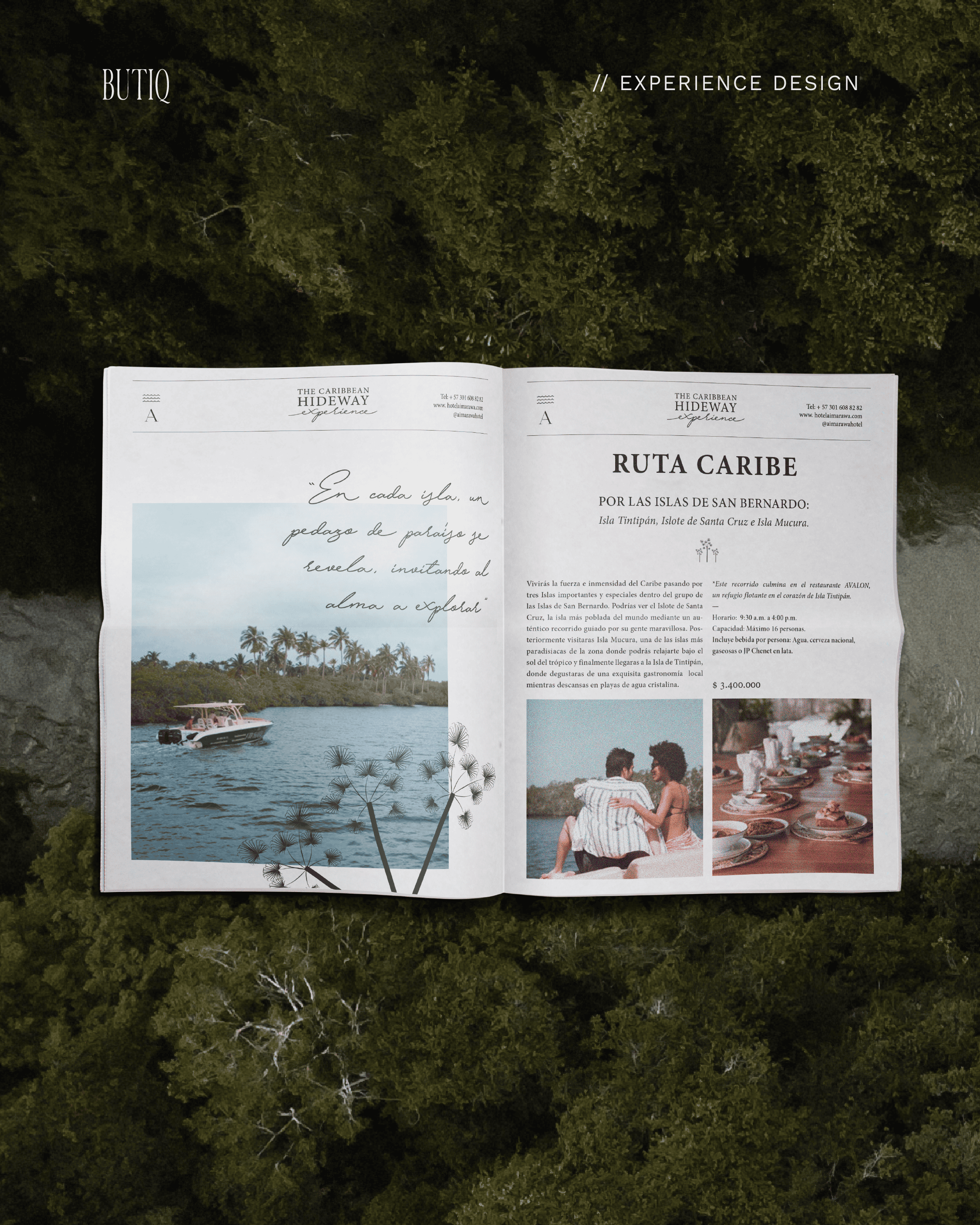 Travel magazine open with Caribbean destination features and scenic images.