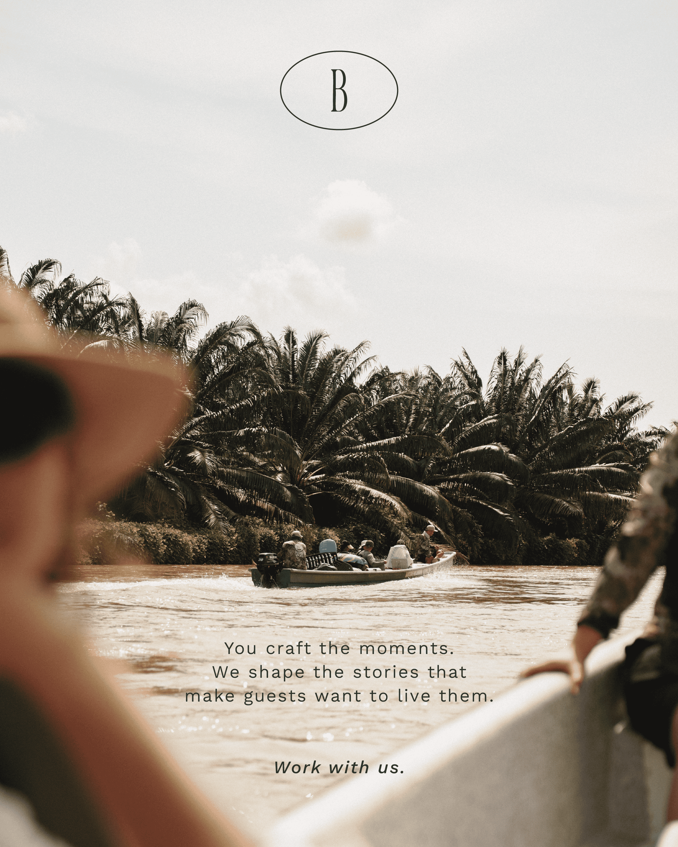 Scenic view of a boat on a river surrounded by lush palm trees, with Butiq World logo above.