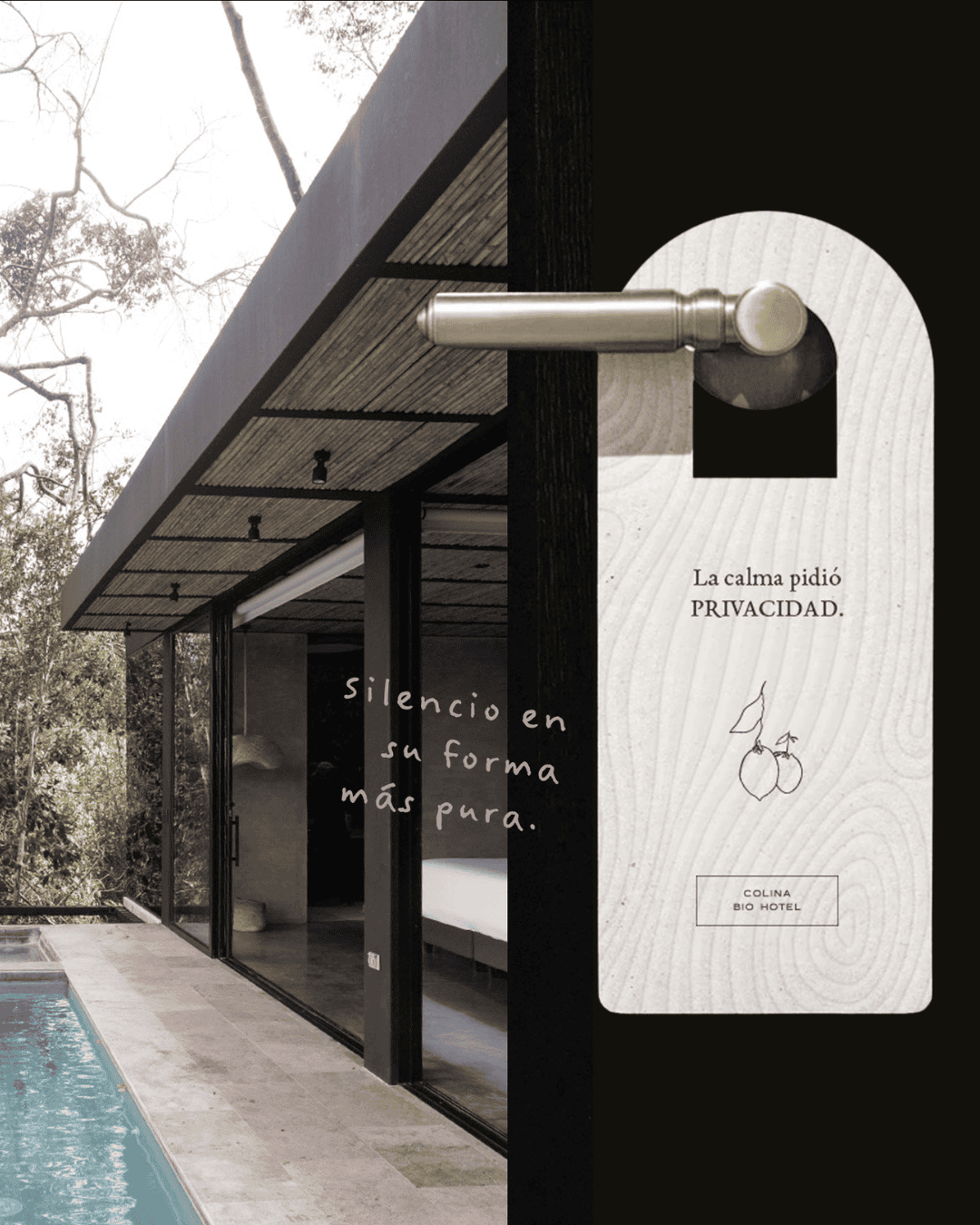 Elegant hotel exterior with privacy sign, pool, and natural surroundings.
