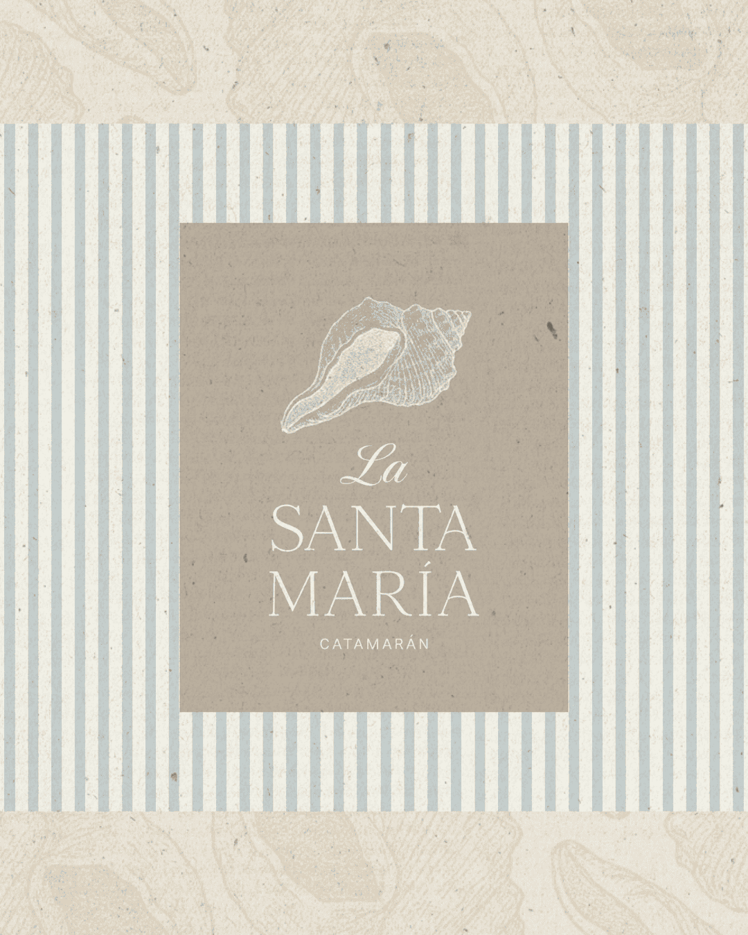 Logo of La Santa María Catamarán featuring a seashell illustration, representing maritime adventur.