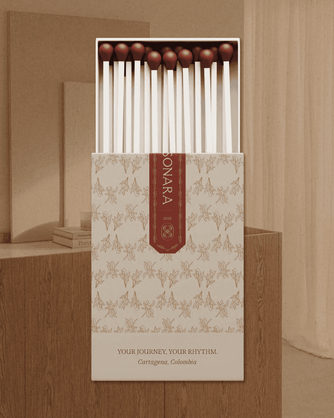 Elegant box of Sunara matchsticks with red-tipped heads, perfect for home or gift use.