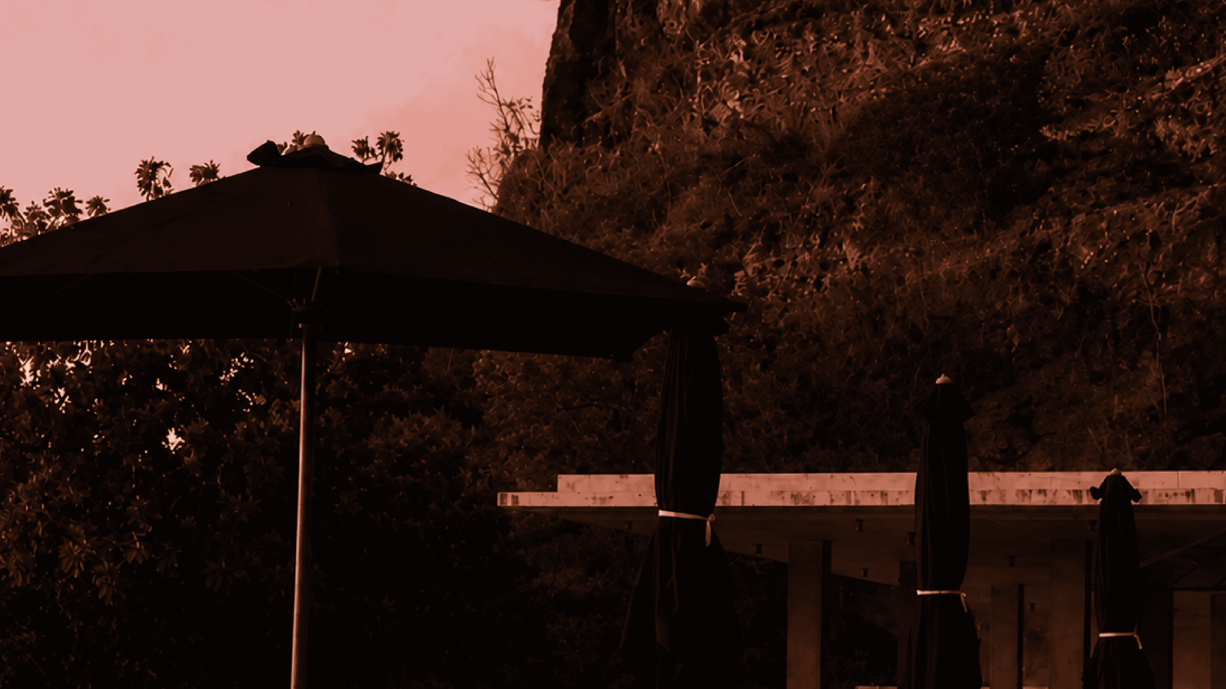 Outdoor seating area with umbrellas at sunset, surrounded by lush trees and rocky mountain scenery.