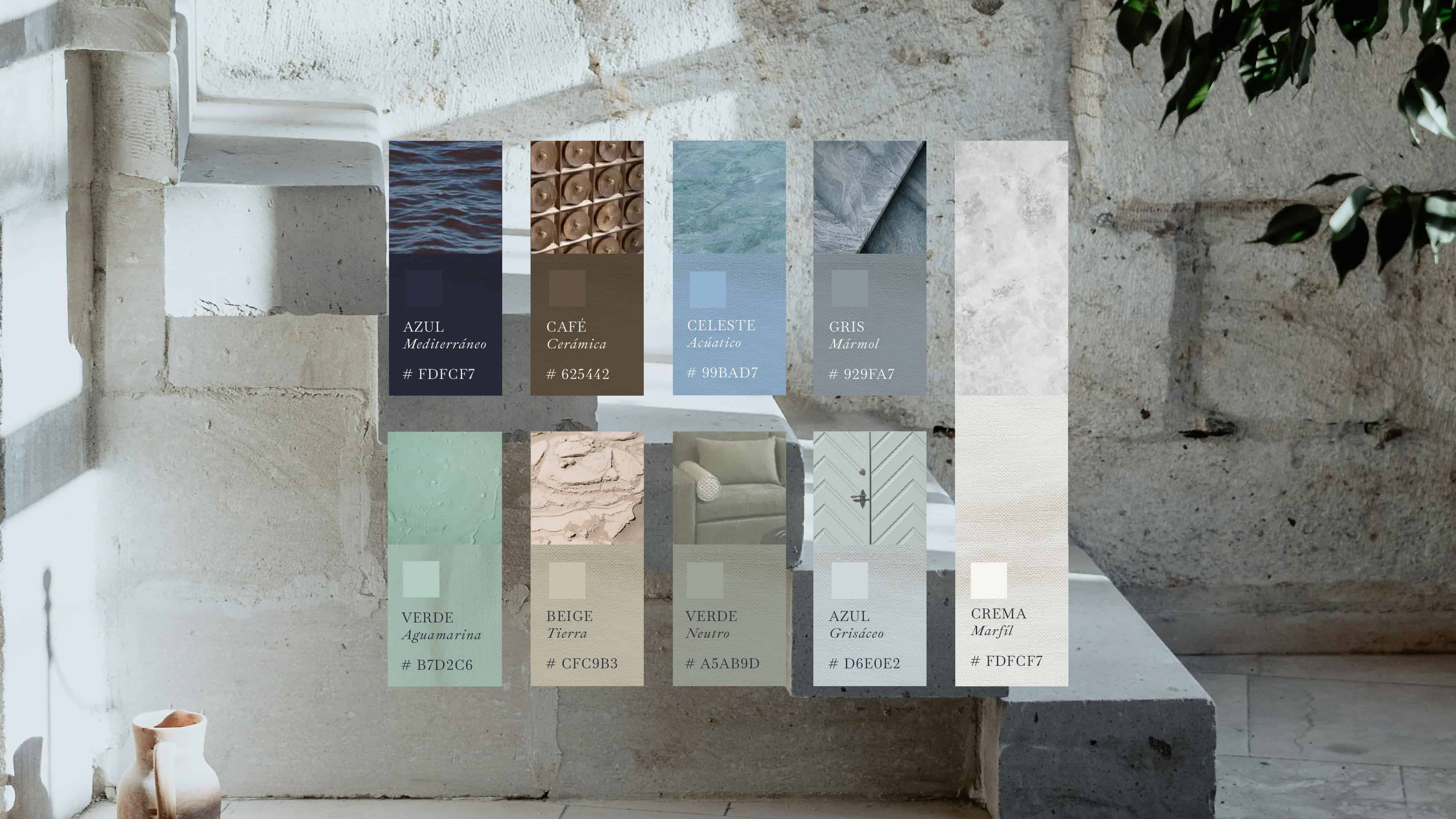 Color palette featuring blue, beige, gray, and green tones at Palacio del Agua.