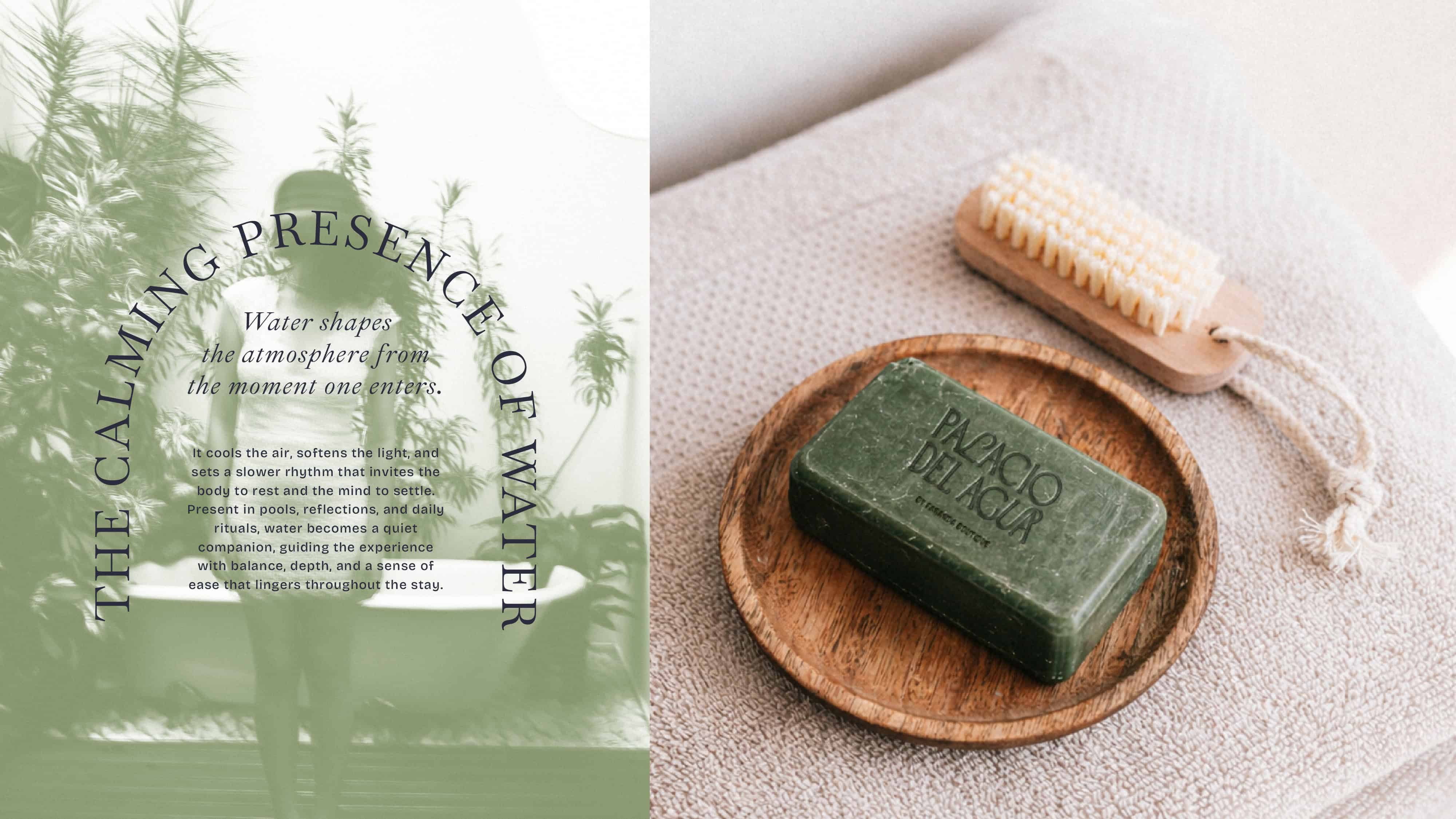Natural soap bar with Palacio del Agua branding on a wooden tray.