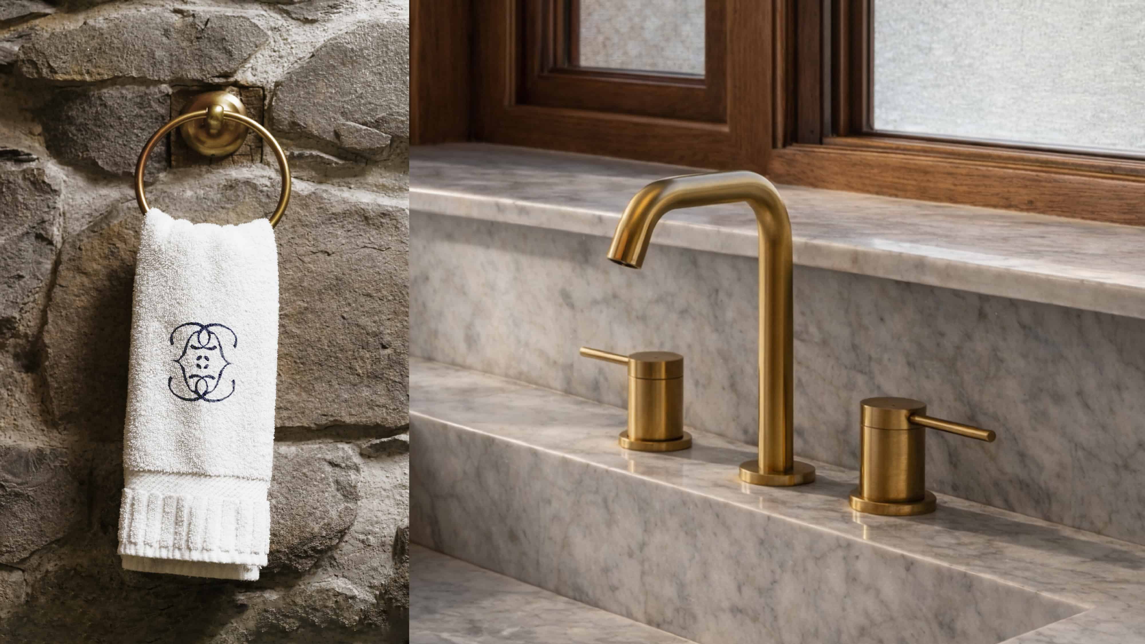 Luxury bathroom with gold faucet and towel holder on stone wall.
