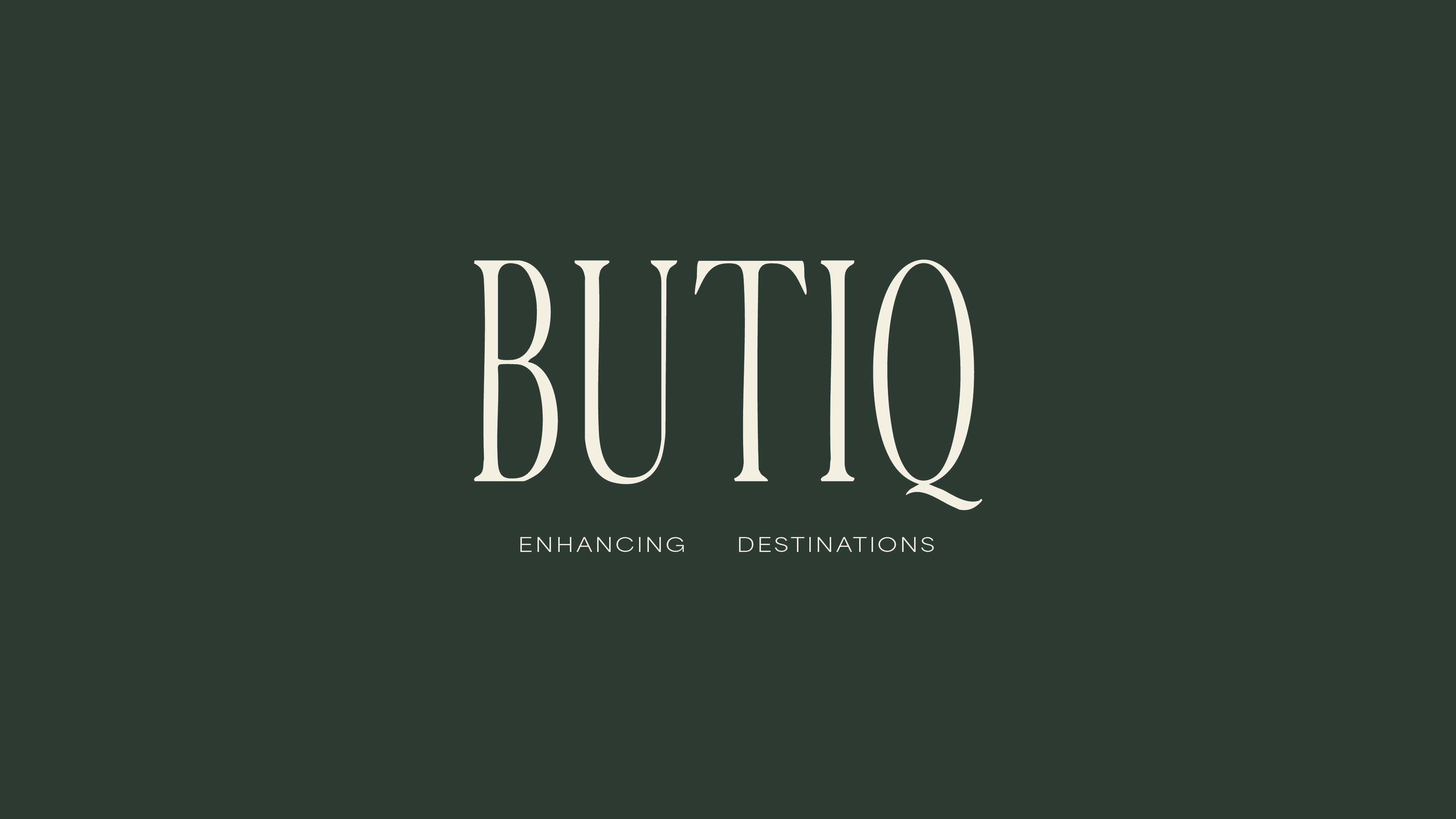 Butiq World logo featuring elegant typography on a dark green background.