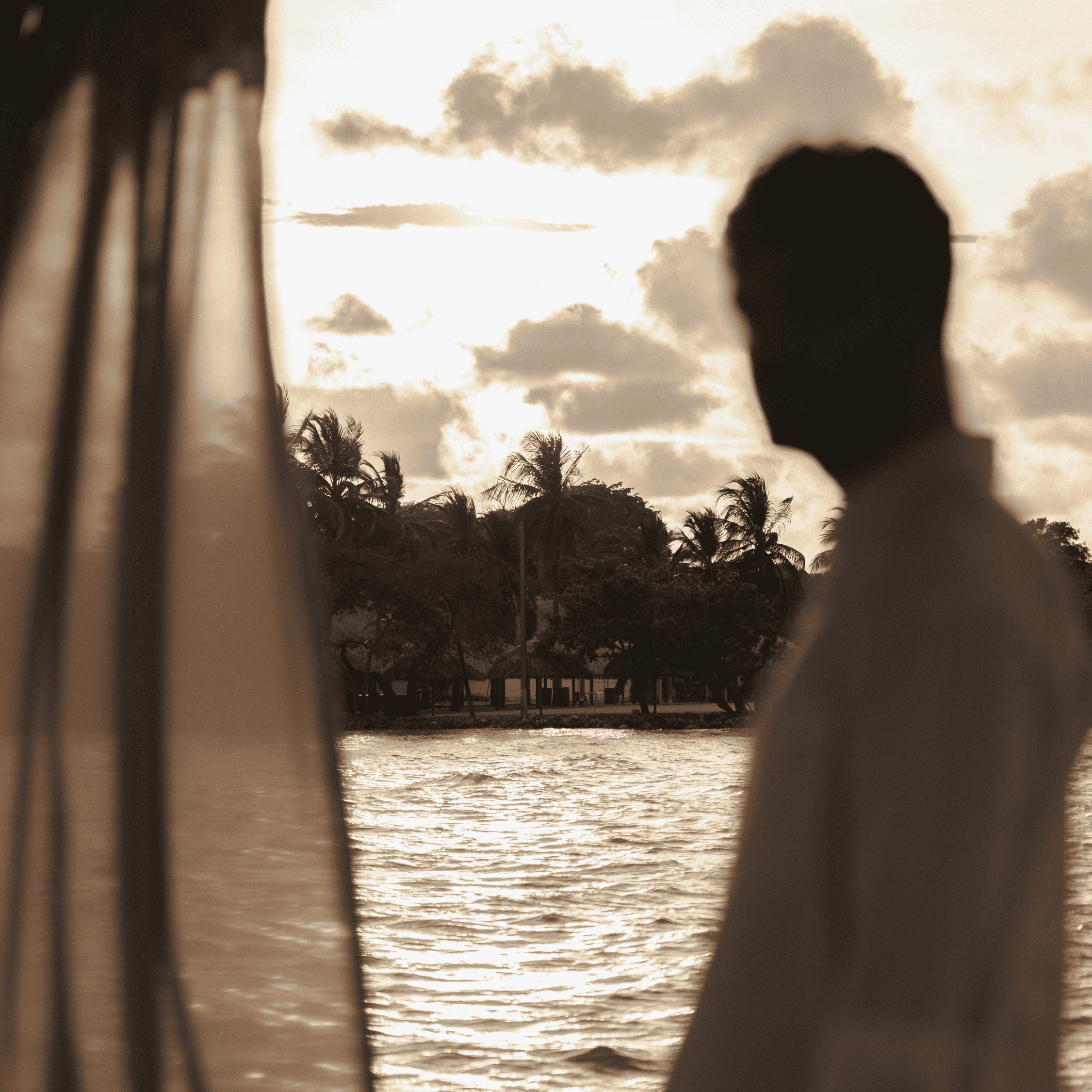 Sunset over the beach with a silhouette of a person and tropical palm trees.